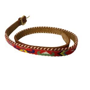 Vintage Brown Leather Beaded Native American Belt SZ 30 Gold 1.5 in Buckle